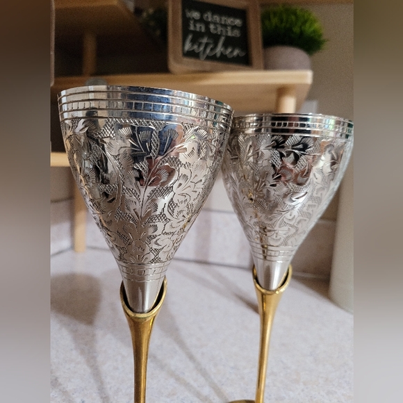 Cultural Hub Silver Plated Goblet Flute Wine Glasses 2piece set - Picture 3 of 5